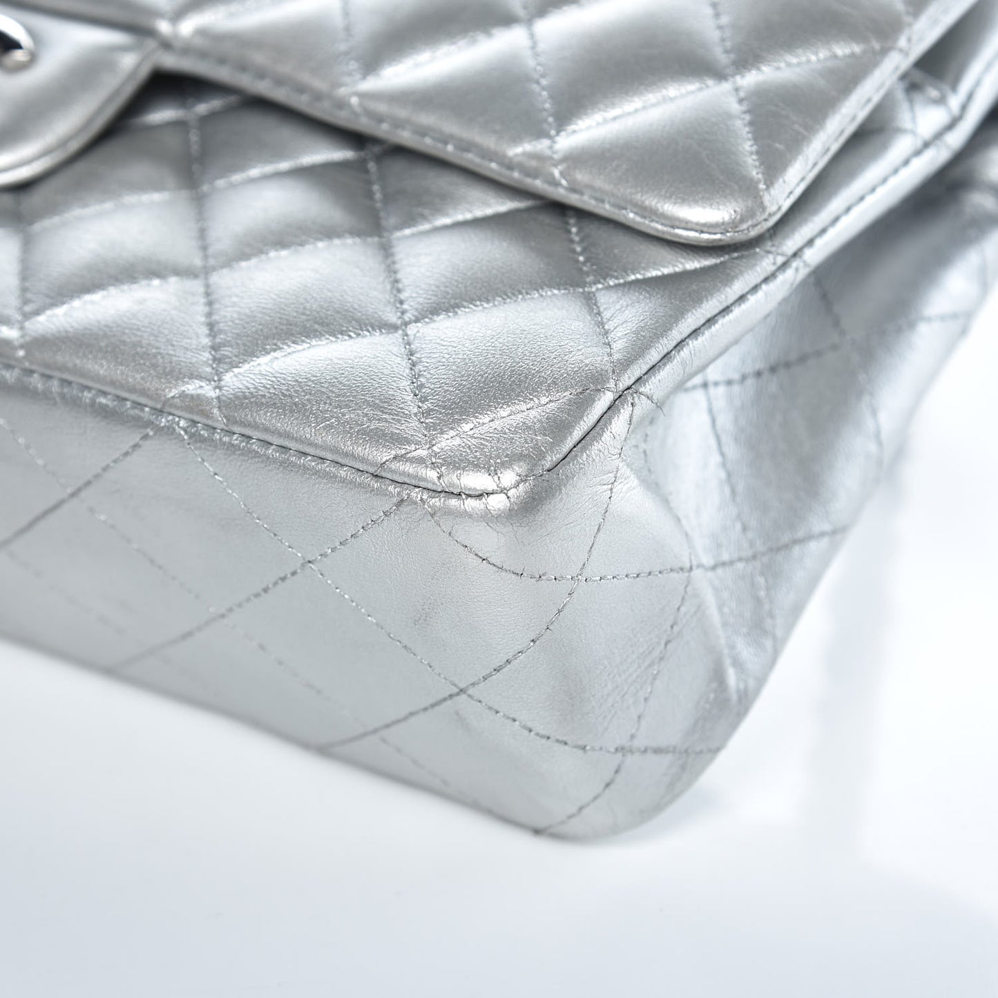 Metallic Lambskin Quilted Medium Double Flap Silver