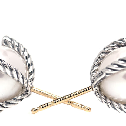 David Yurman Sterling Silver Diamond Pearl 10mm Cable Stud Earrings 3 of 6