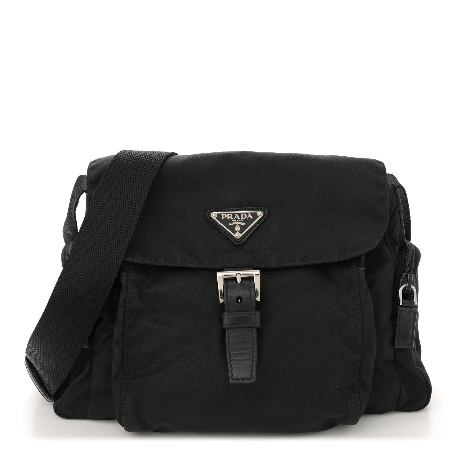 Prada Nylon Vela Saffiano Single Buckle Messenger Shoulder Bag Black 1 of 10