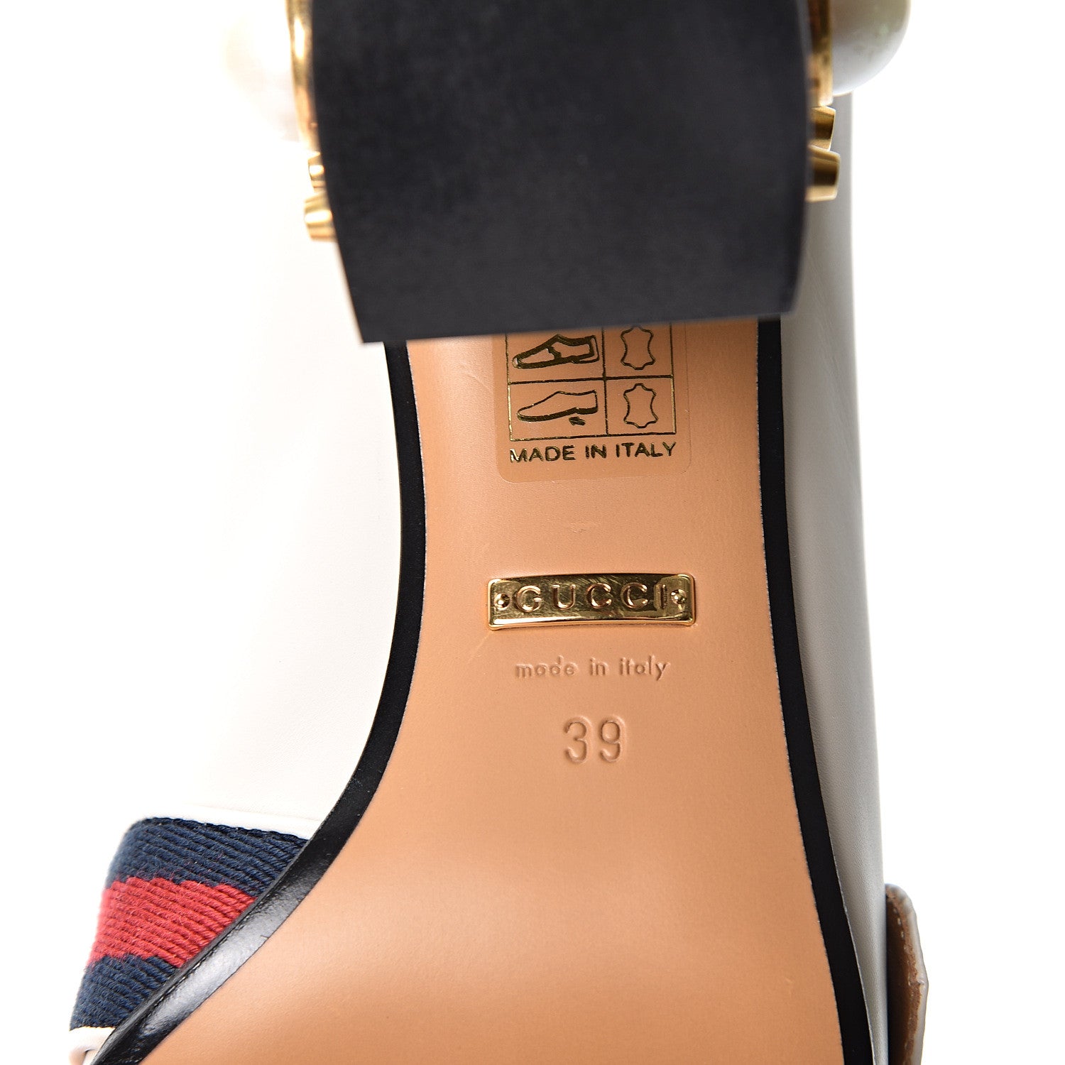Gucci Betis Glamour Calfskin Web Pearl Embellished Peyton 75mm Loafer Pumps 39 Mystic White 9 of 10