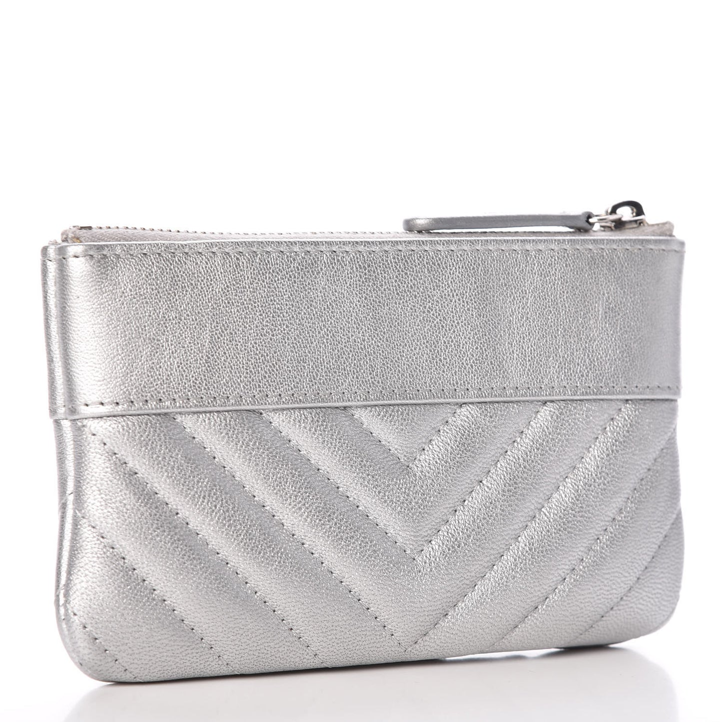 Metallic Sheepskin Chevron Quilted Small Vintage Mademoiselle Cosmetic Case Silver