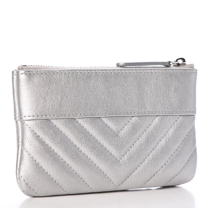 Chanel Metallic Sheepskin Chevron Quilted Small Vintage Mademoiselle Cosmetic Case Silver 3 of 12