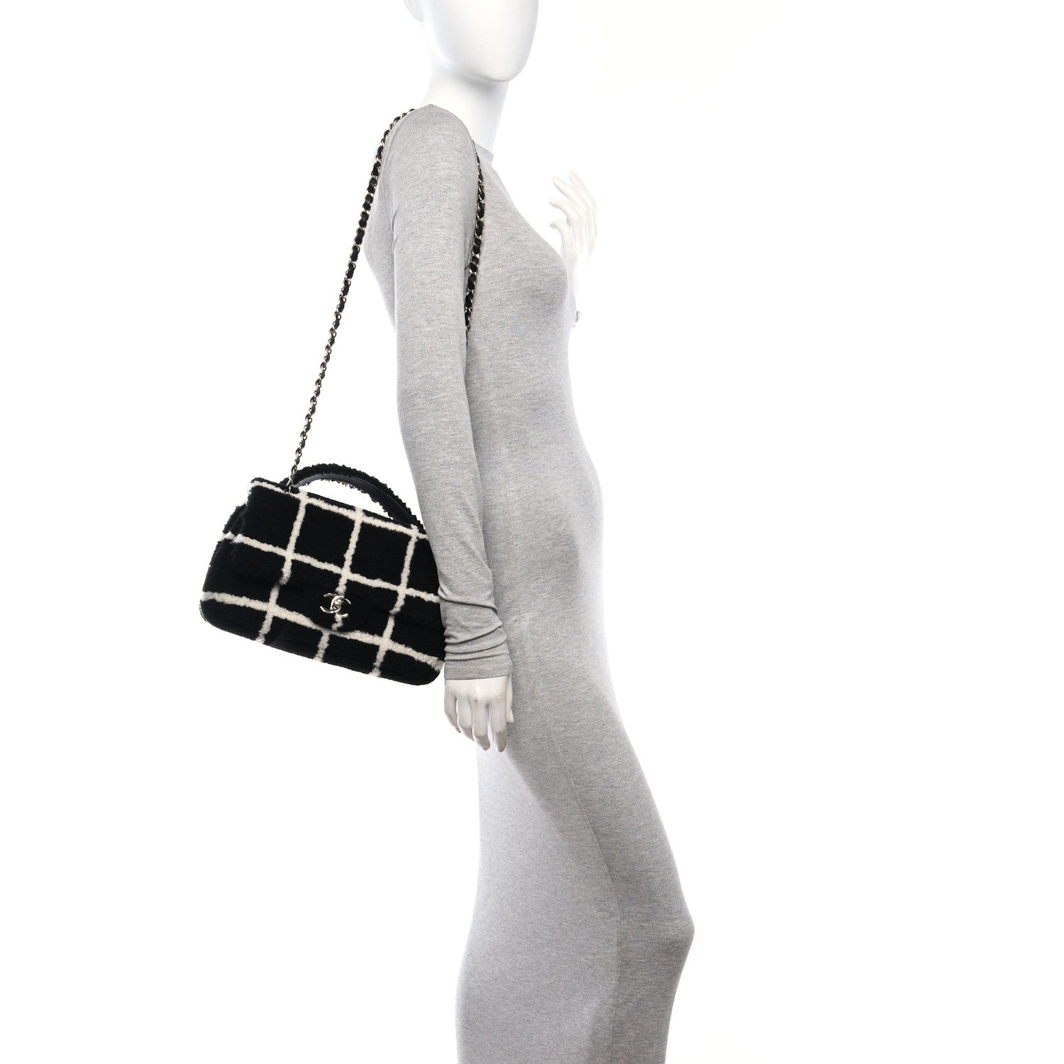 Chanel Shearling Lambskin Large Fluffy Tartan Single Flap Black White 3 of 13
