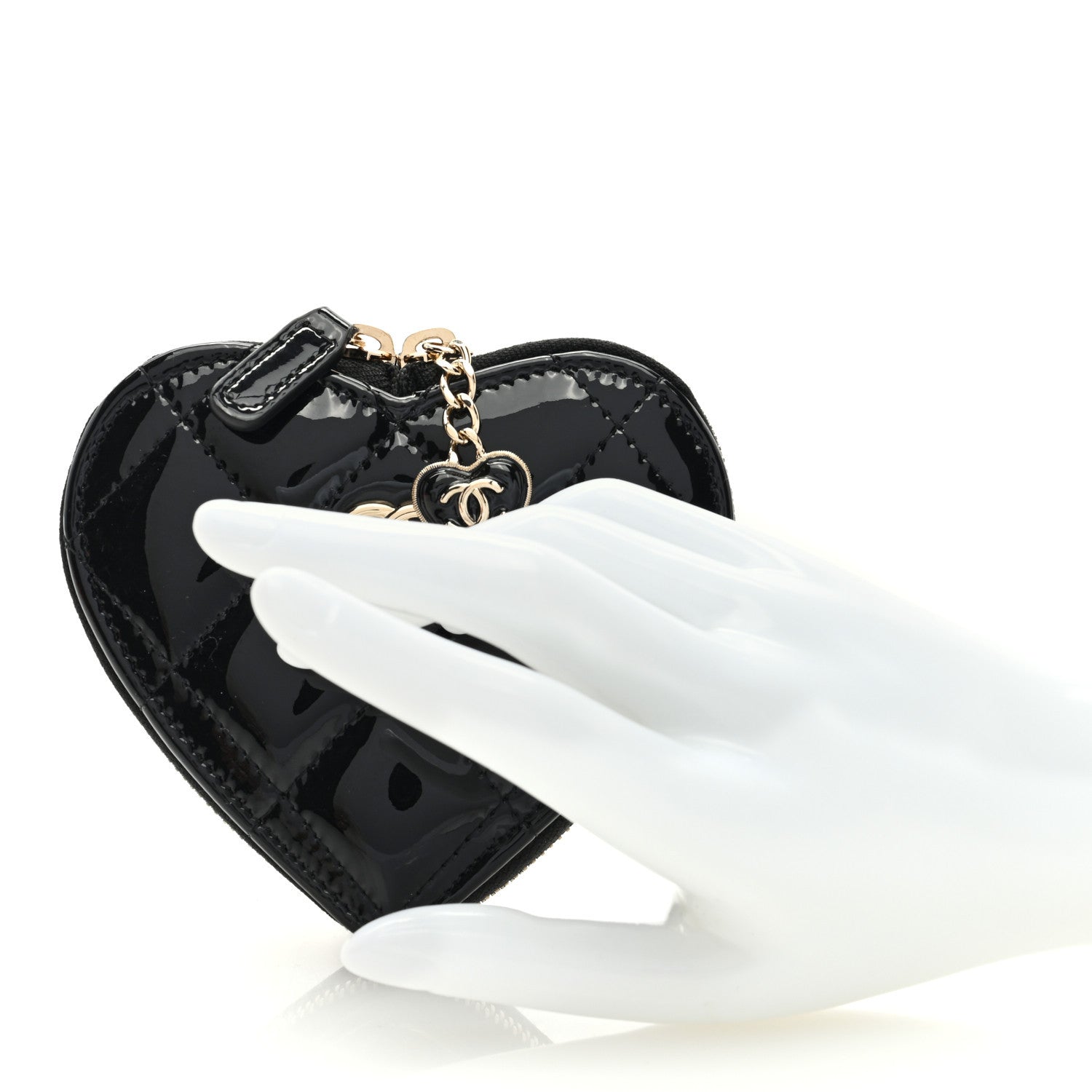 Chanel Patent Quilted Heart Zipped Coin Purse Black 2 of 7