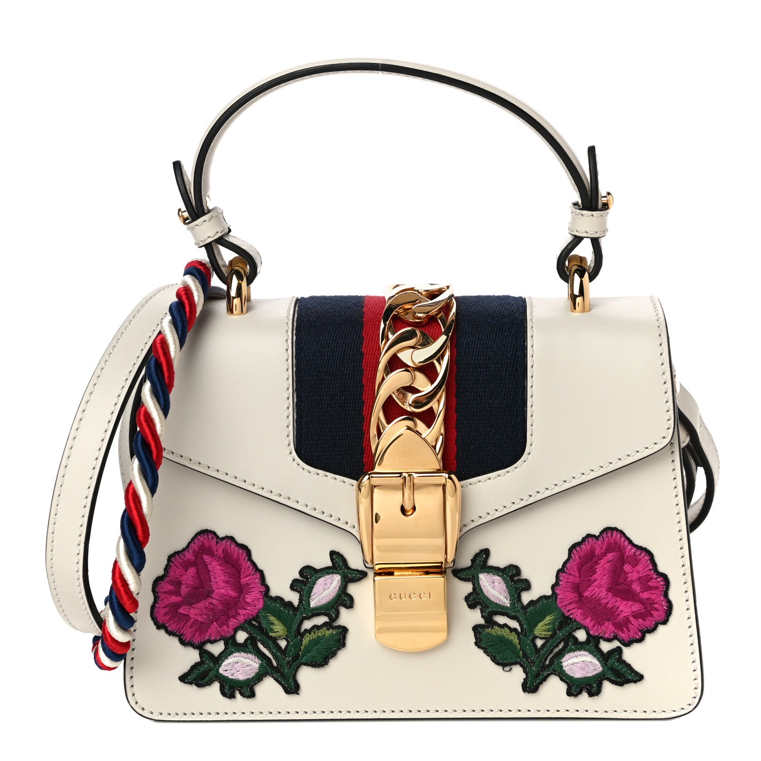 Gucci Calfskin Embroidered Mini Sylvie Top Handle Bag White 1 of 15