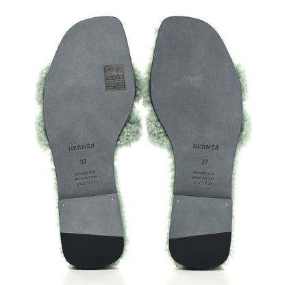 Hermes Woolskin Oran Sandals 37 Vert D’eau 5 of 8