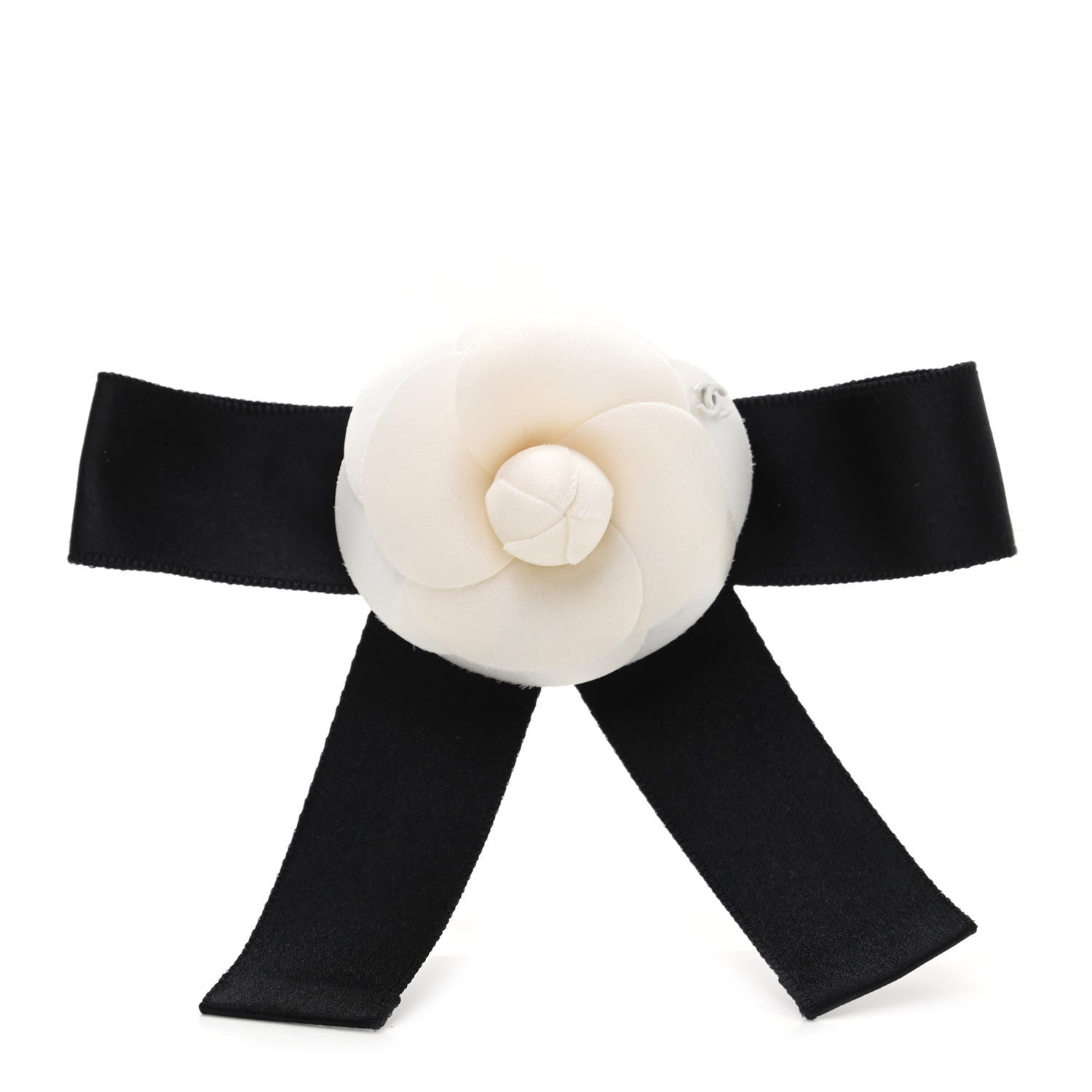 Chanel Satin Camellia CC Hair Clip Barrette White Black 1 of 5