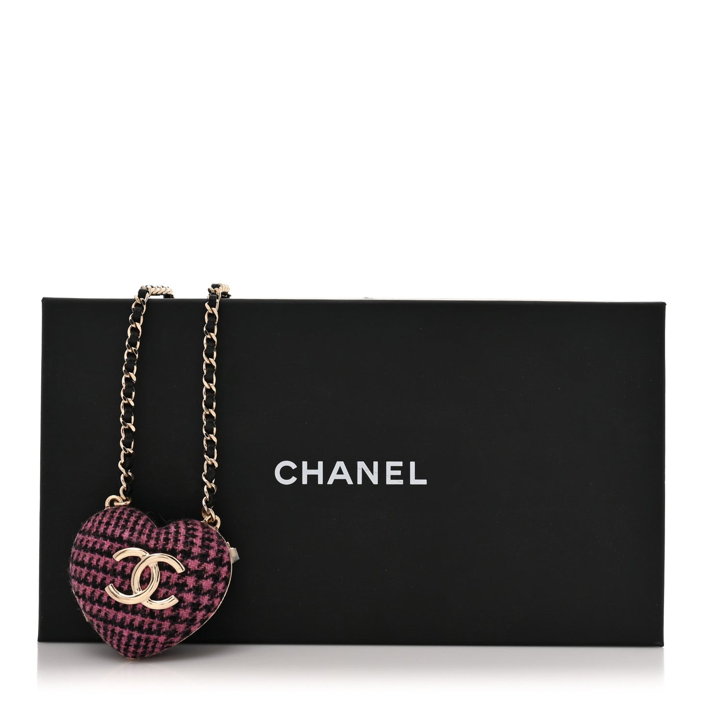 Tweed Lambskin CC Heart Locket Necklace Gold Black Pink