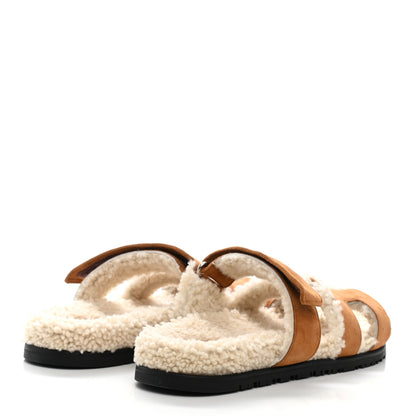 Hermes Suede Goatskin Woolskin Womens Chypre Sandals 41 Golden Beige 4 of 7