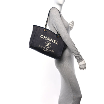 Chanel Lurex Canvas Small Deauville Tote Navy Blue Gold 3 of 12