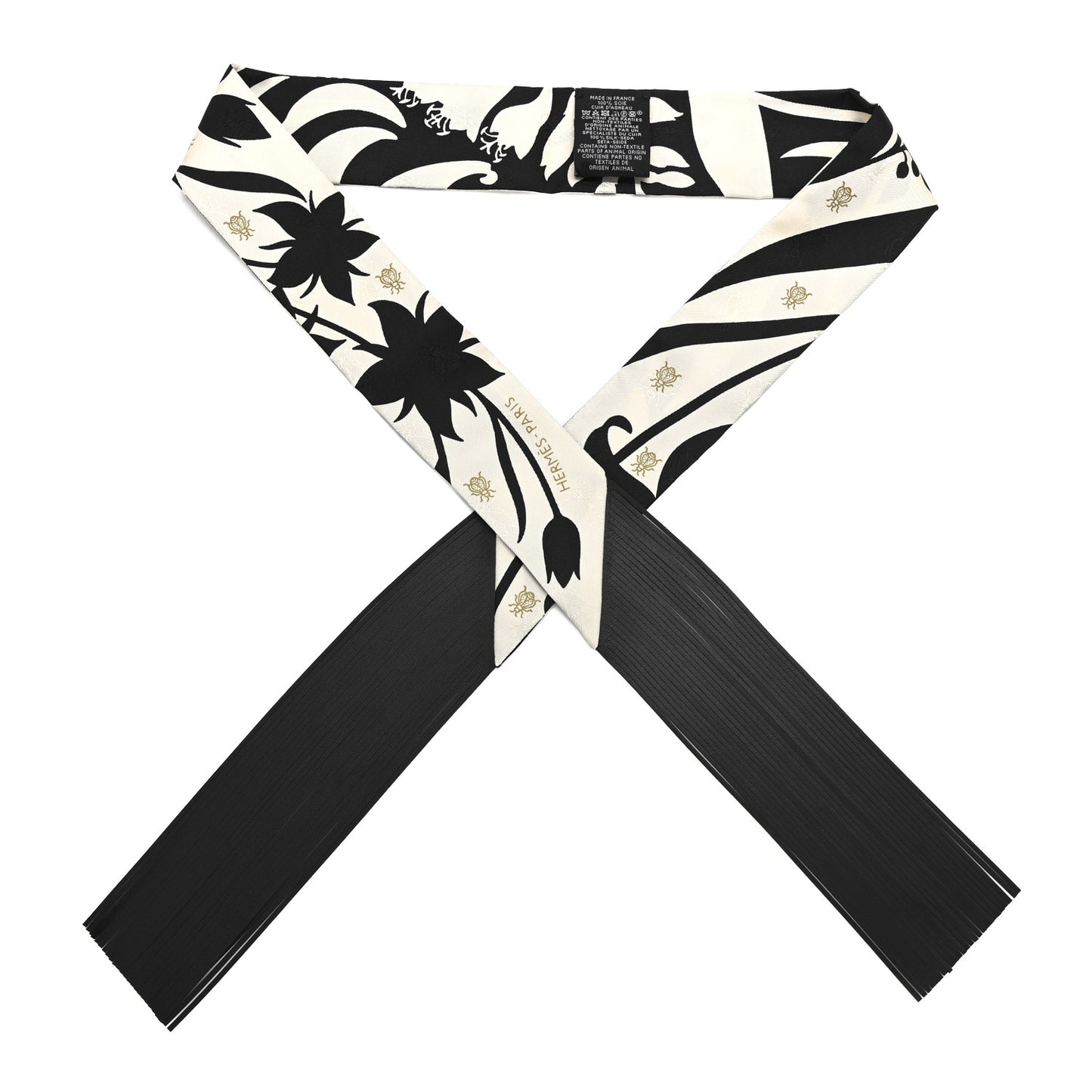 Silk Calfskin Bouquet Final Fringed Twilly Creme Black