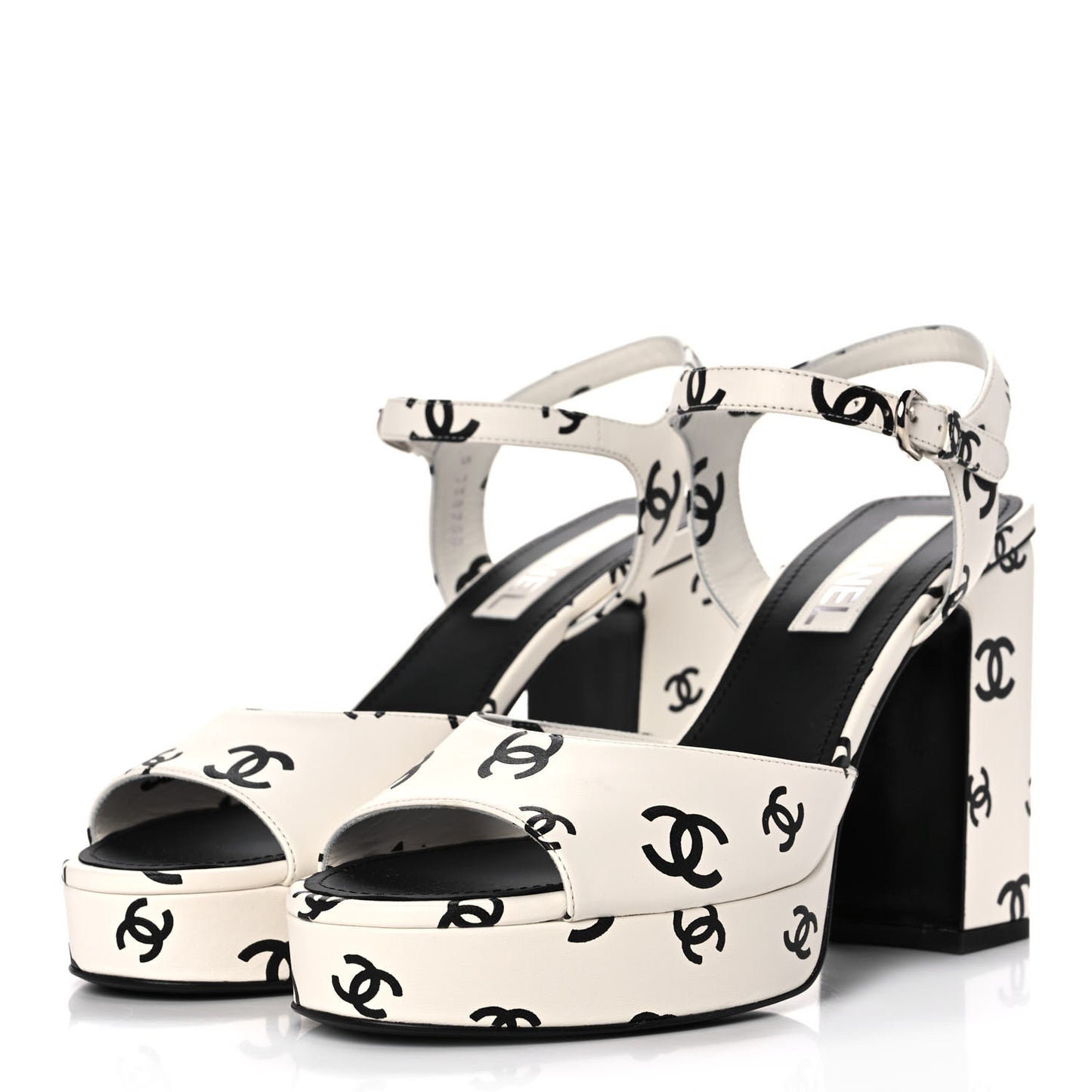 Printed Lambskin CC Platform Sandals 41 White Black
