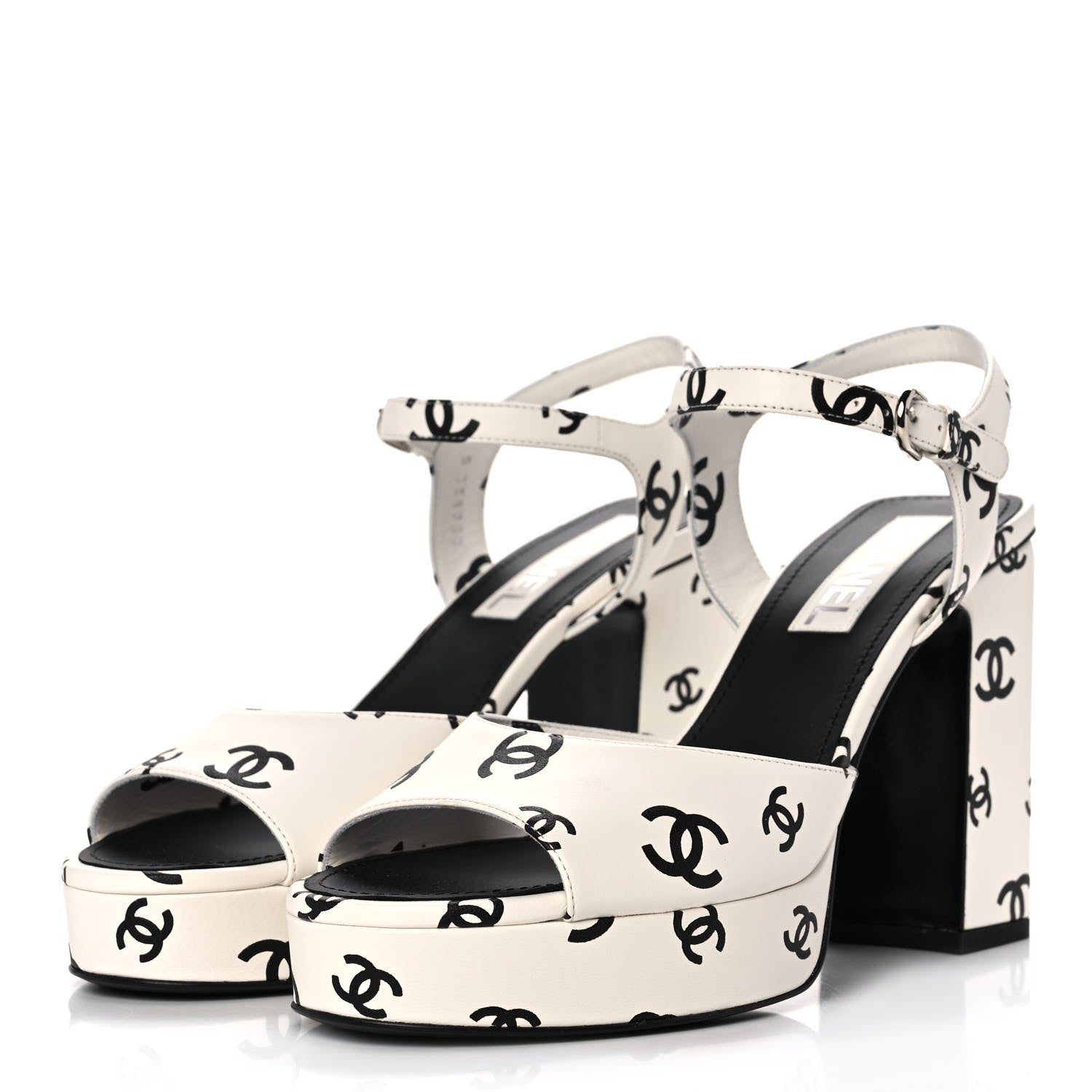 Chanel Printed Lambskin CC Platform Sandals 41 White Black 3 of 9