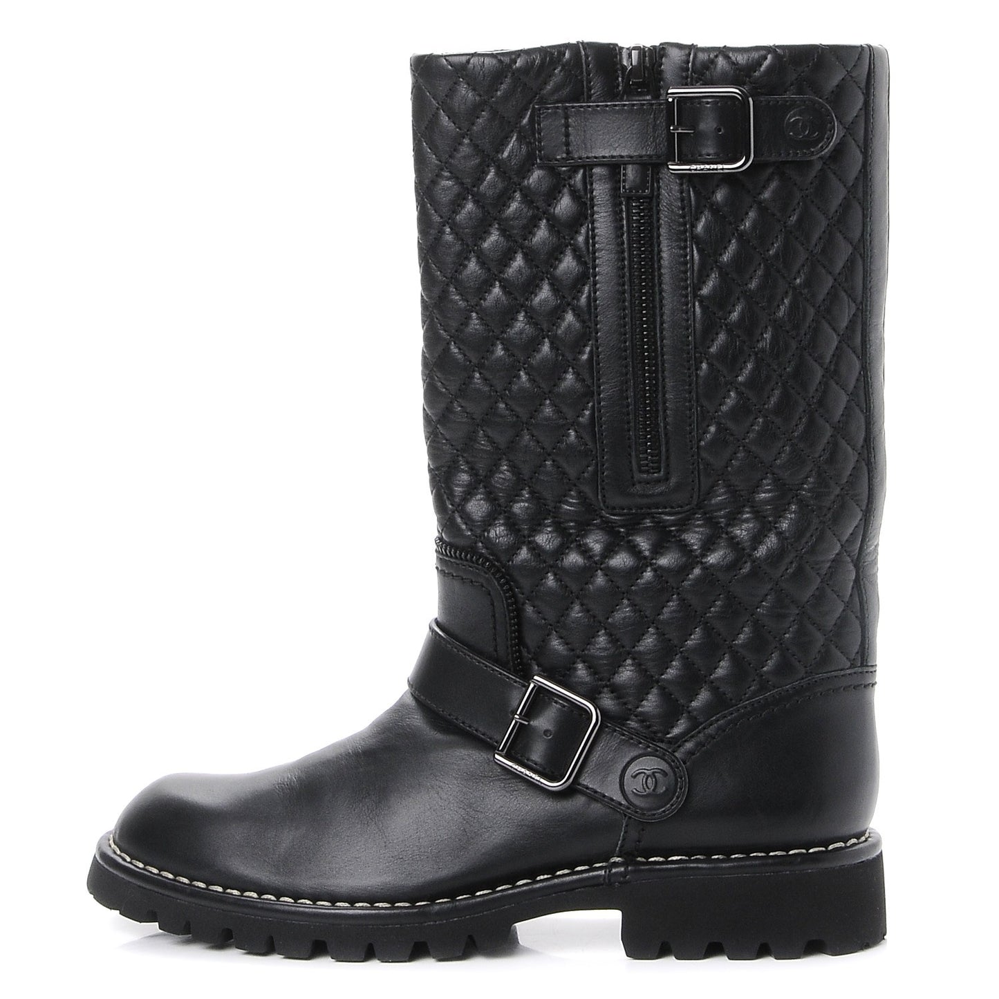 Calfskin Quilted Biker Boots 38 Black