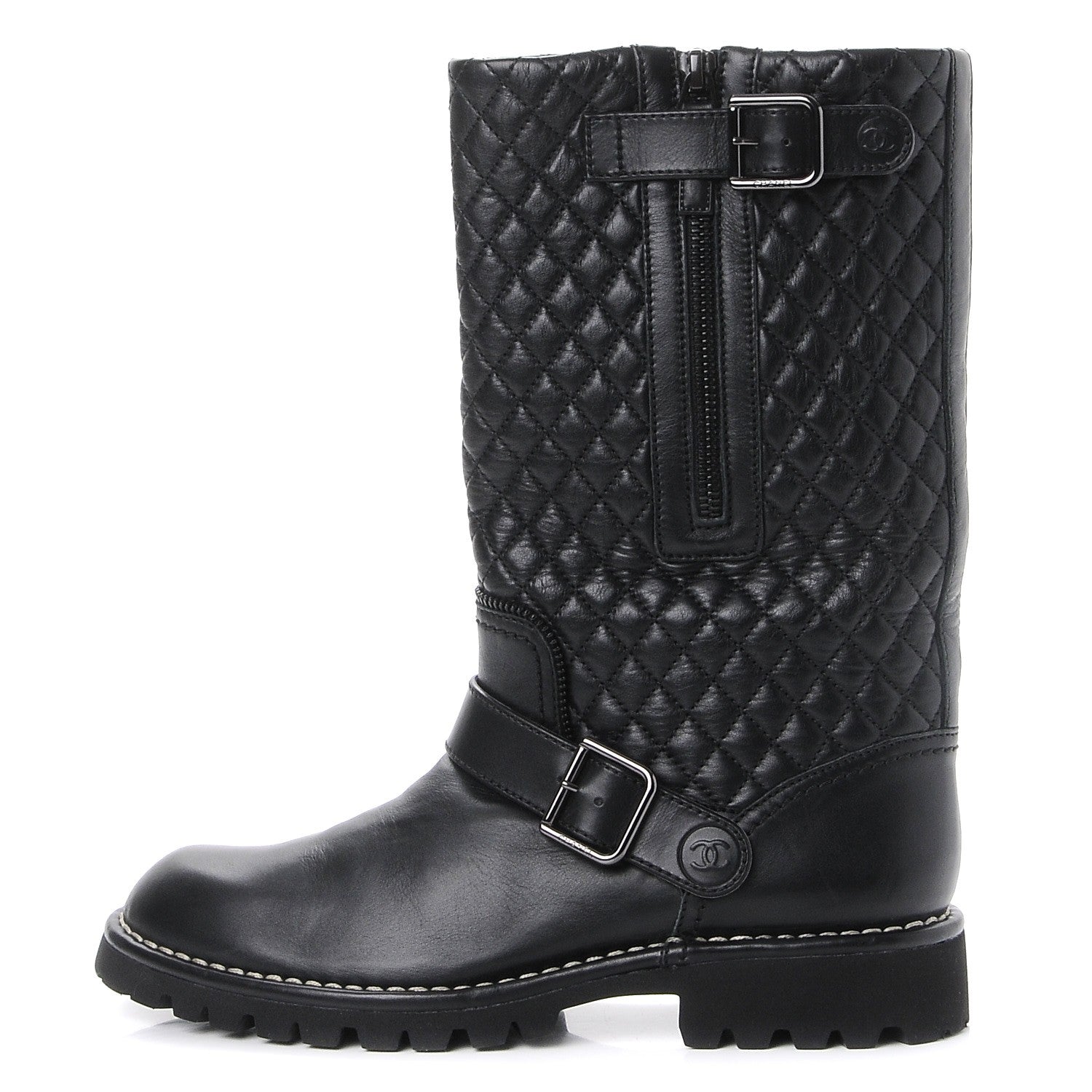 Chanel Calfskin Quilted Biker Boots 38 Black 1 of 8