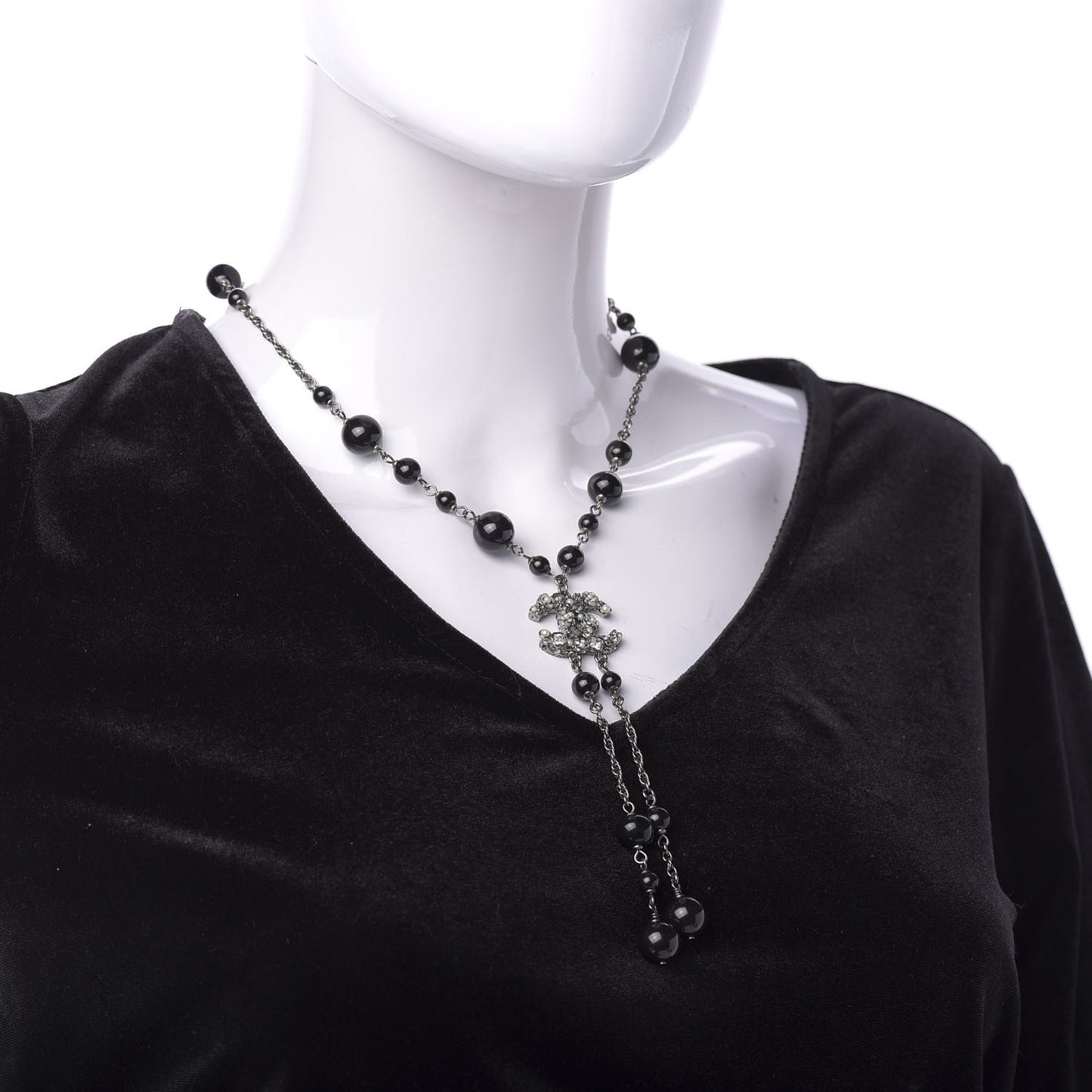 Crystal Pearl Beaded Enamel Camellia CC Pendant Necklace Silver Black