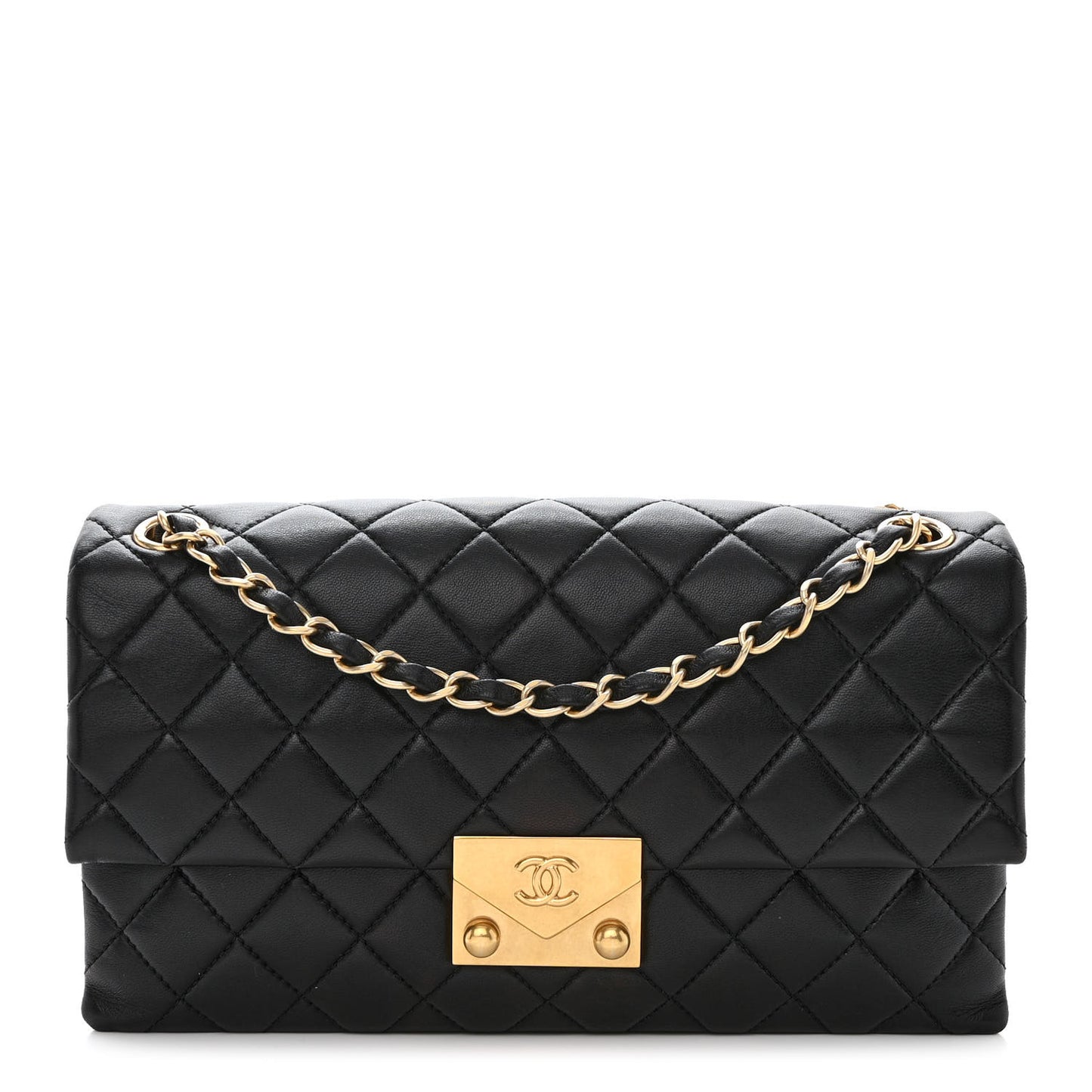 Lambskin Quilted 3 Pocket Accordion Flap Black