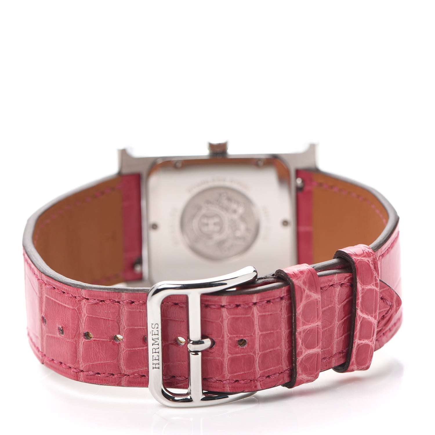 Hermes Stainless Steel Alligator Diamond Mother of Pearl 26mm Heure H Hour Quartz Watch Framboise 3 of 5