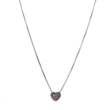 David Yurman Sterling Silver Pink Sapphire Petite Pave Heart Pendant Necklace 7 of 14