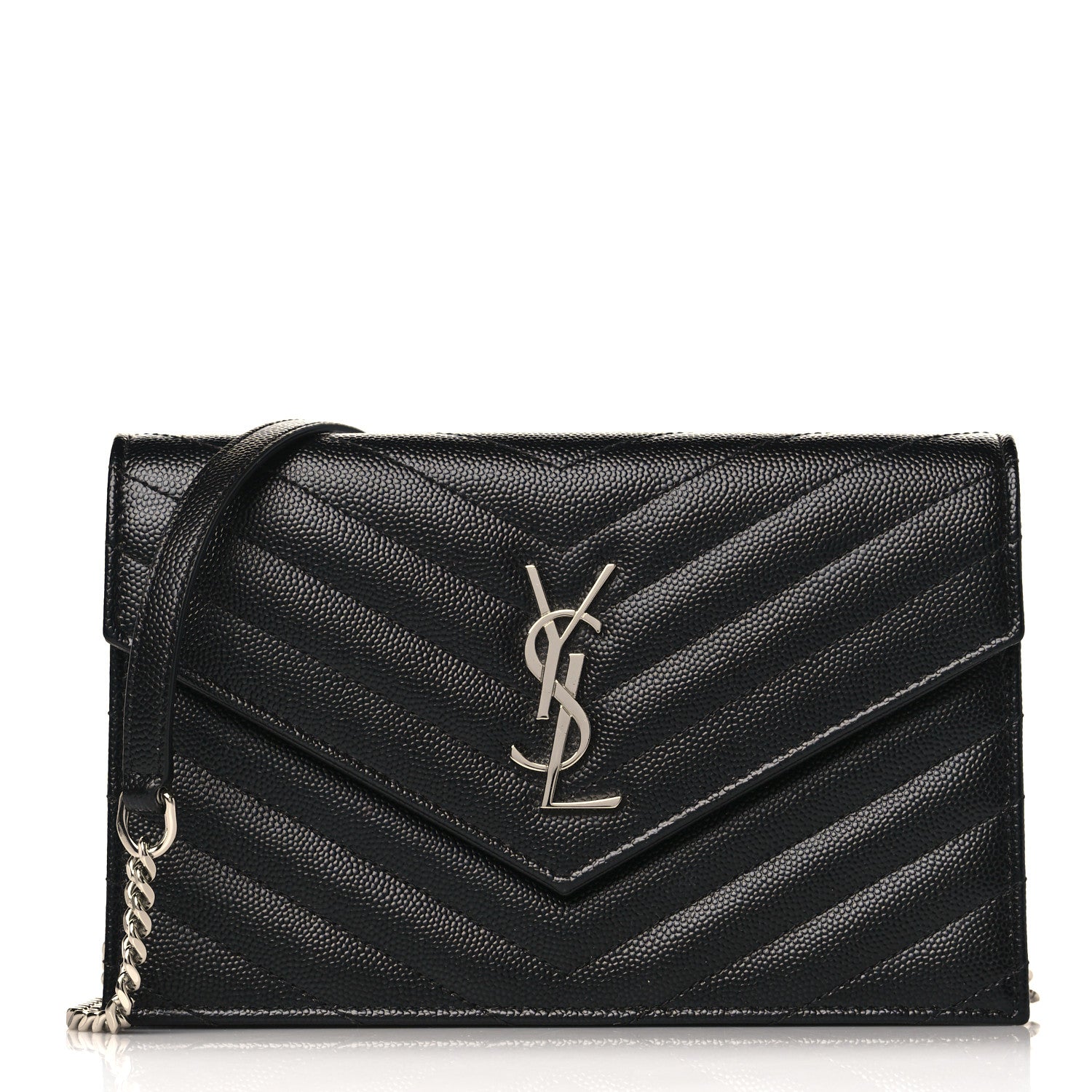 Saint Laurent Grain De Poudre Matelasse Chevron Monogram Envelope Chain Wallet Black 1 of 10