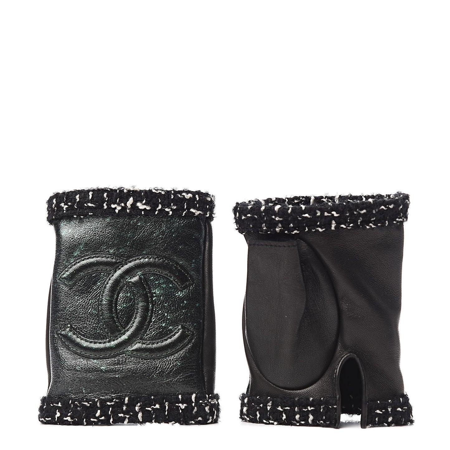 Metallic Lambskin Tweed CC Fingerless Gloves 6.5 Black Green