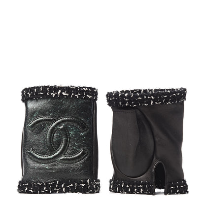 Chanel Metallic Lambskin Tweed CC Fingerless Gloves 6.5 Black Green 1 of 5