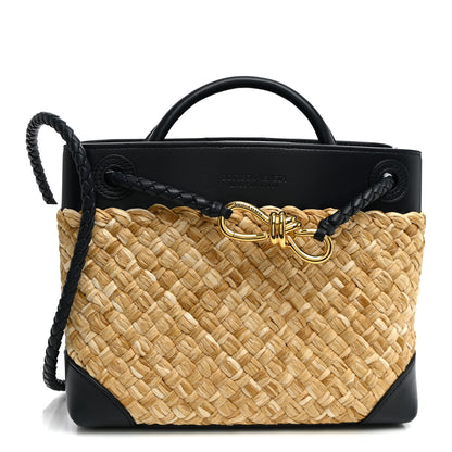 Bottega Veneta Raffia Lambskin Intrecciato Small Andiamo Shoulder Bag Natural Midnight 1 of 9