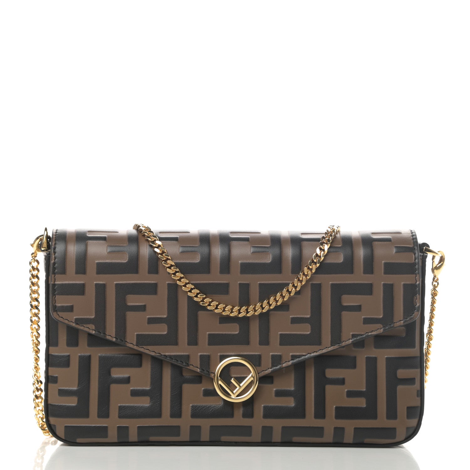 Fendi Vitello Soft F is Fendi Bi-Color FF 1974 Embossed Envelope Wallet On Chain with Pouches Maya Black 1 of 13