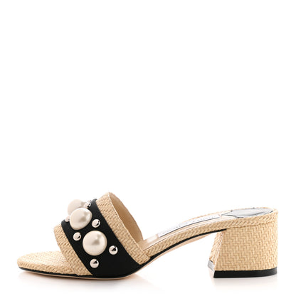 Jimmy Choo Raffia Embellished Minea 45 Sandals 35 Black White 1 of 7