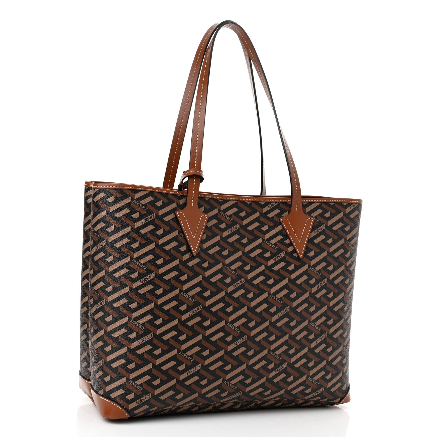 Versace Coated Canvas Calfskin La Greca Signature Shopper Tote Bag Black Caramel 3 of 9
