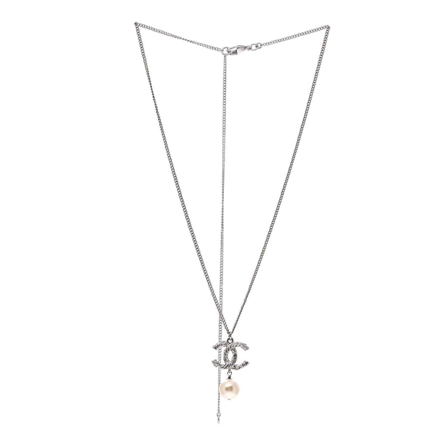 Chanel Crystal Pearl Twisted CC Drop Necklace Silver 3 of 5