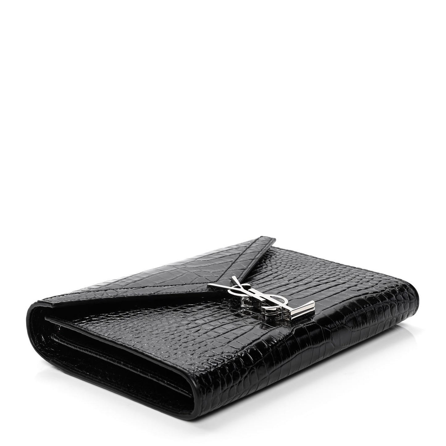 Patent Calfskin Crocodile Embossed Monogram Cassandra Chain Wallet Black