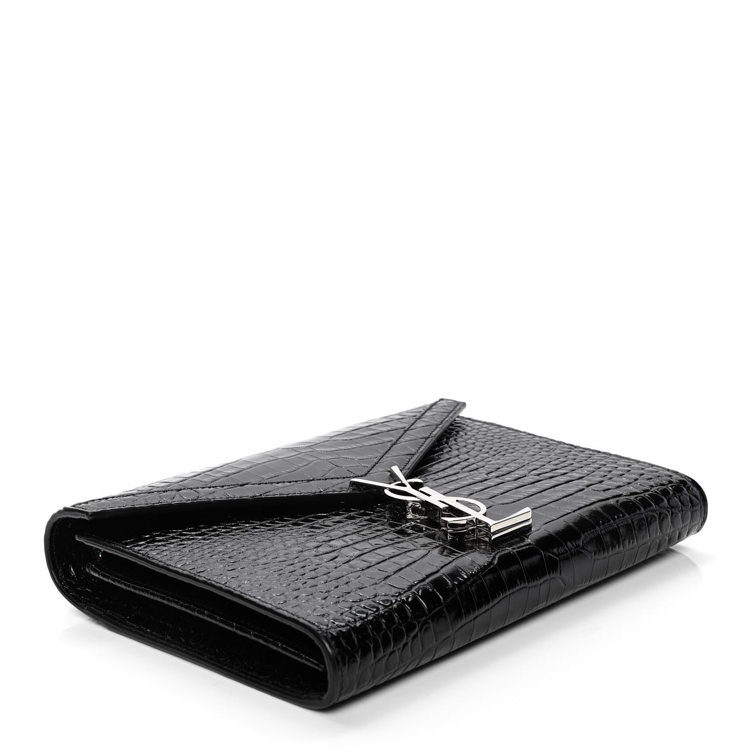 Saint Laurent Patent Calfskin Crocodile Embossed Monogram Cassandra Chain Wallet Black 3 of 4