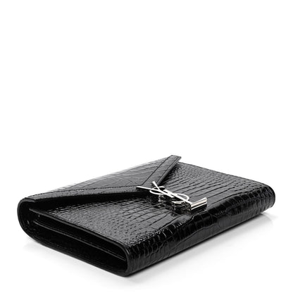 Saint Laurent Patent Calfskin Crocodile Embossed Monogram Cassandra Chain Wallet Black 3 of 4