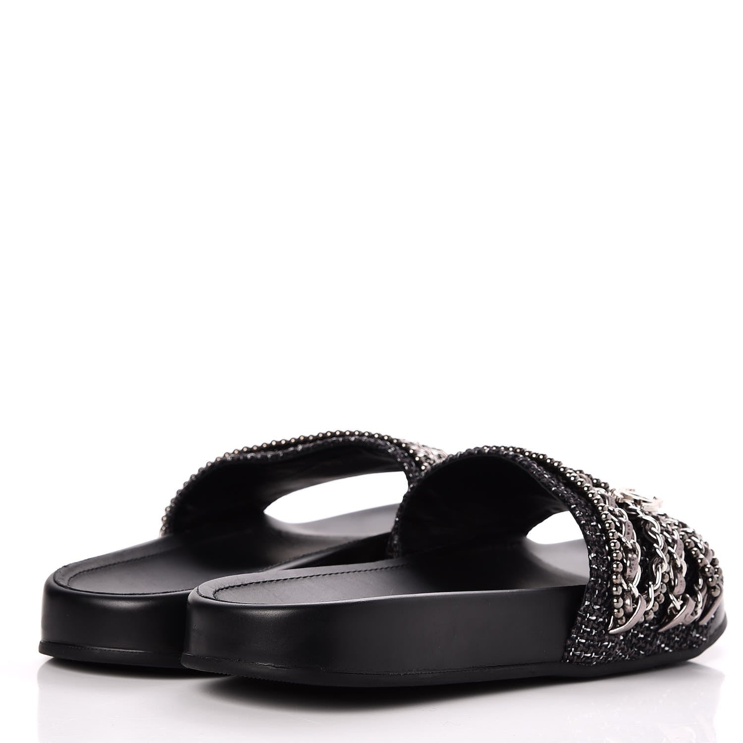 Chanel Tweed Lambskin Chain Flat Sandals 36 Black Silver 4 of 7