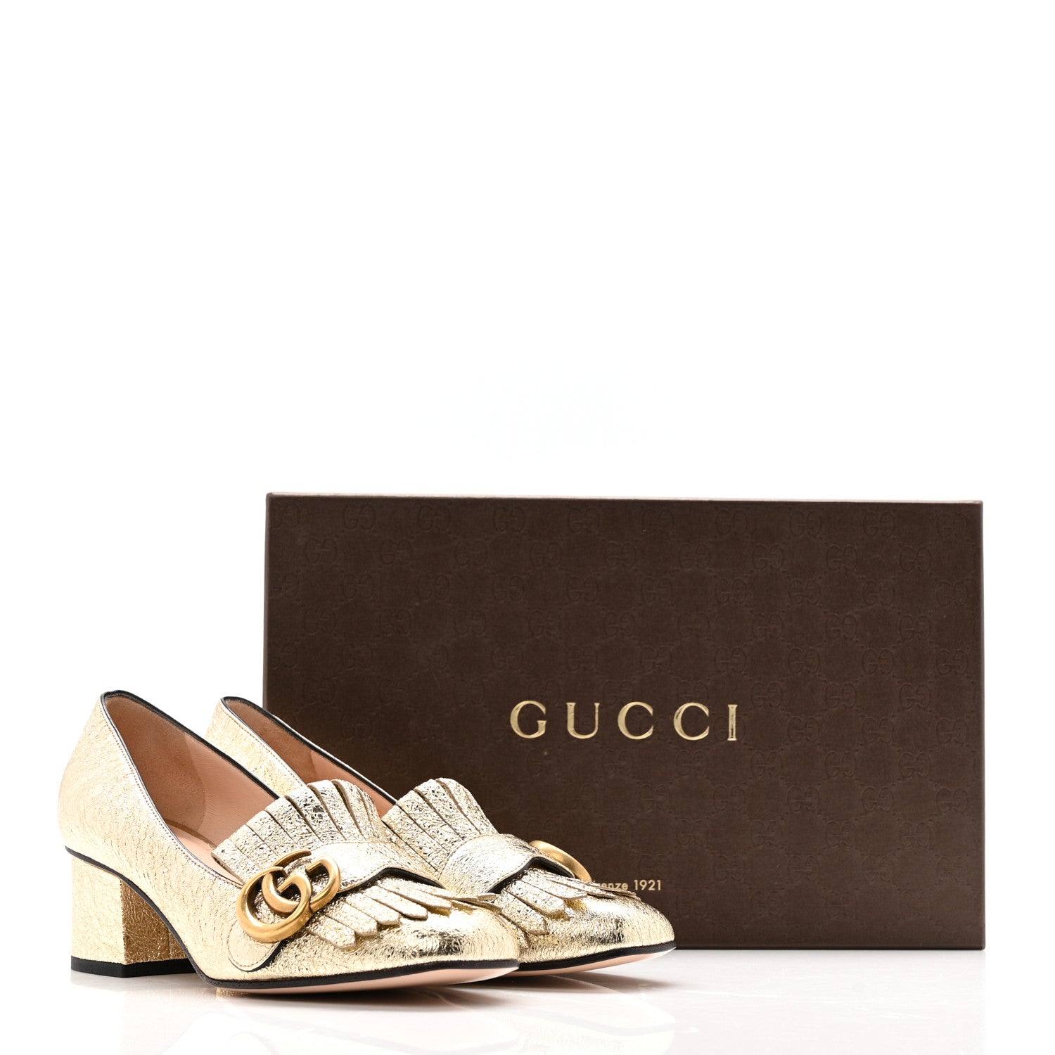 Gucci Galassia GG Marmont Fringe 50mm Loafer Pumps 35 Platino