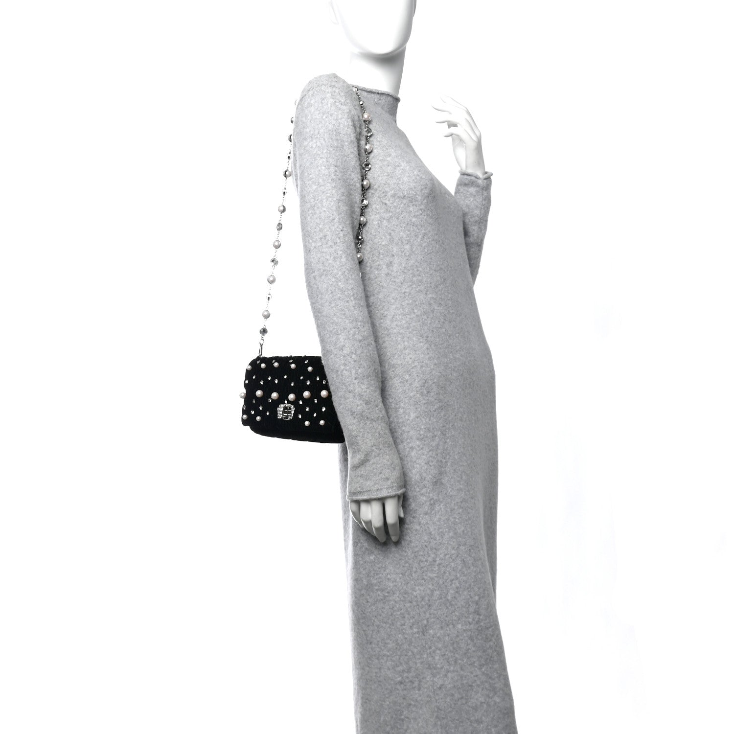 Miu Miu Velvet Matelasse Crystal Pearl Chain Shoulder Bag Black 3 of 10