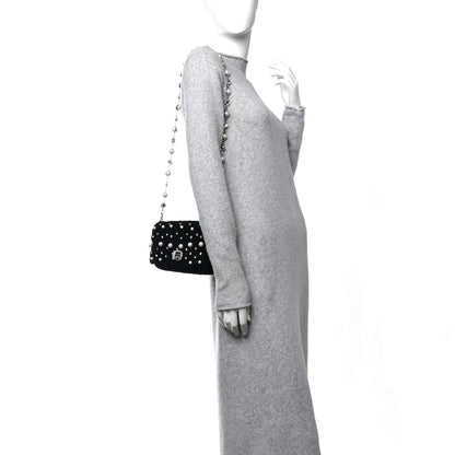 Miu Miu Velvet Matelasse Crystal Pearl Chain Shoulder Bag Black 3 of 10