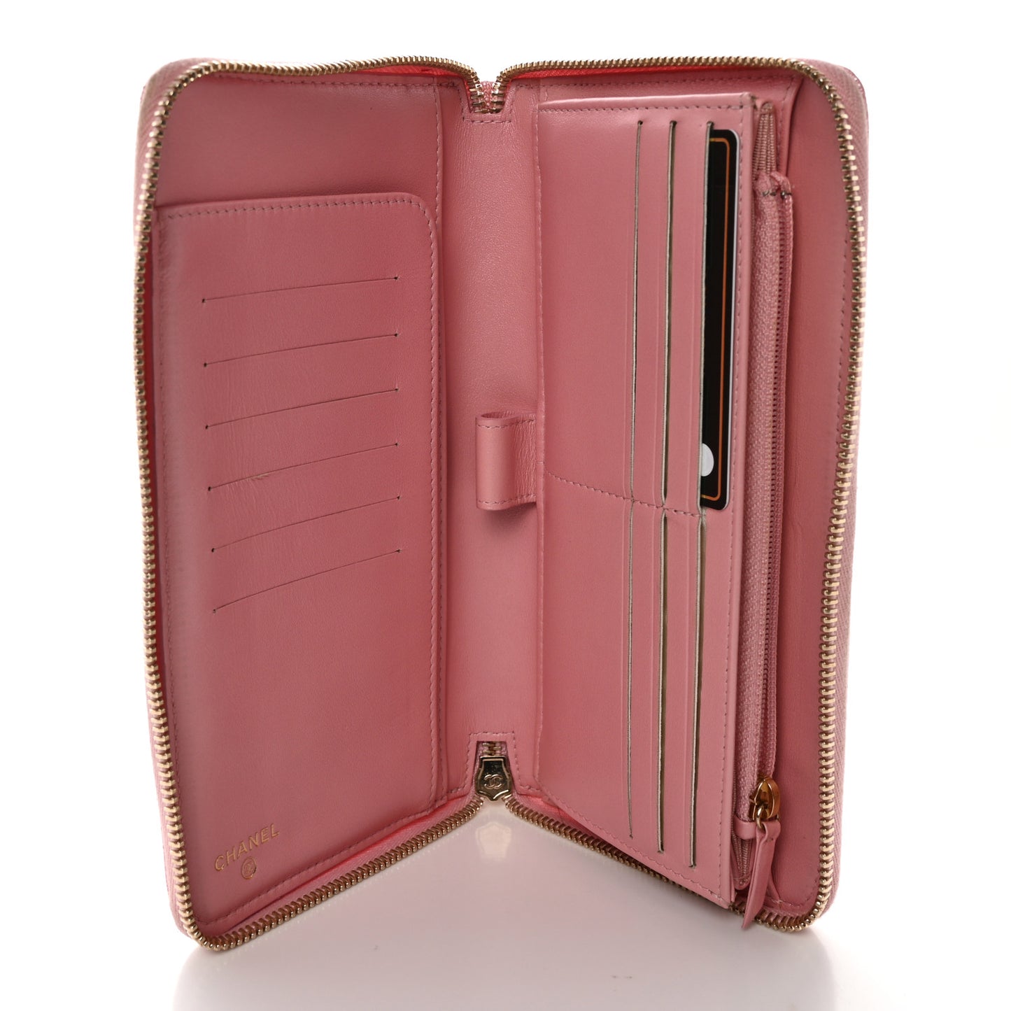Iridescent Caviar Quilted Large Zip Around Organizer Wallet Pink