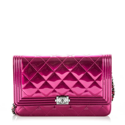 Chanel Metallic Patent Calfskin Quilted Boy Wallet On Chain WOC Fuchsia 1 of 8