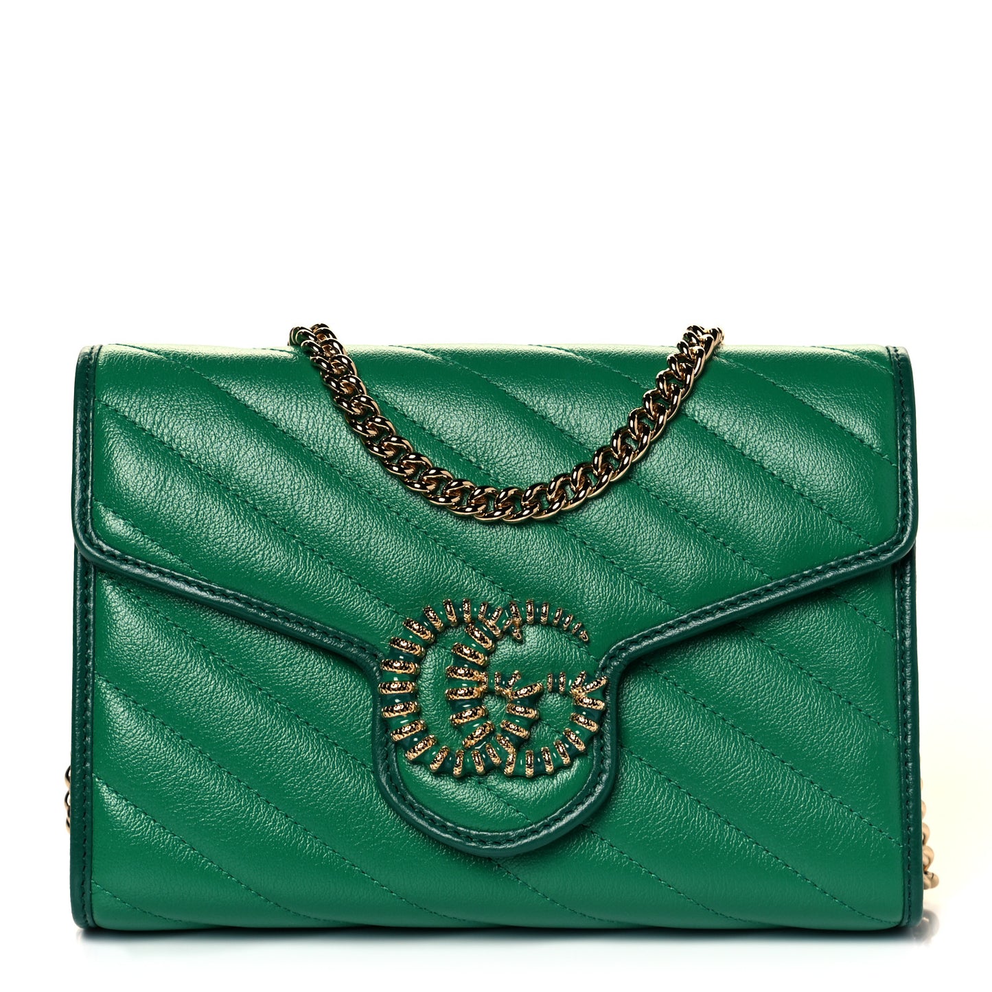 Azalea Calfskin Enamel Matelasse Diagonal Torchon GG Marmont Chain Wallet New Shamrock Emerald