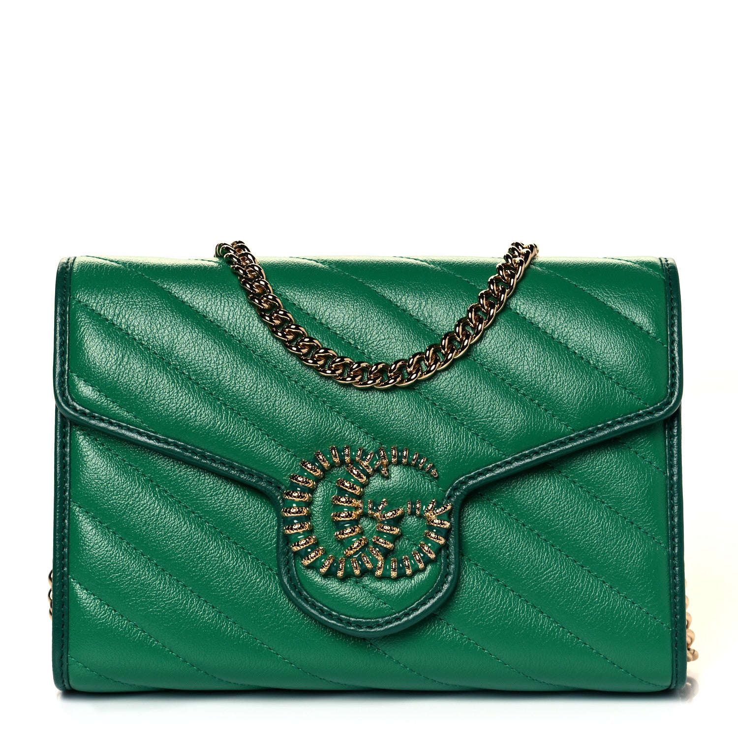 Gucci Azalea Calfskin Enamel Matelasse Diagonal Torchon GG Marmont Chain Wallet New Shamrock Emerald 1 of 10