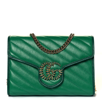 Gucci Azalea Calfskin Enamel Matelasse Diagonal Torchon GG Marmont Chain Wallet New Shamrock Emerald 1 of 10