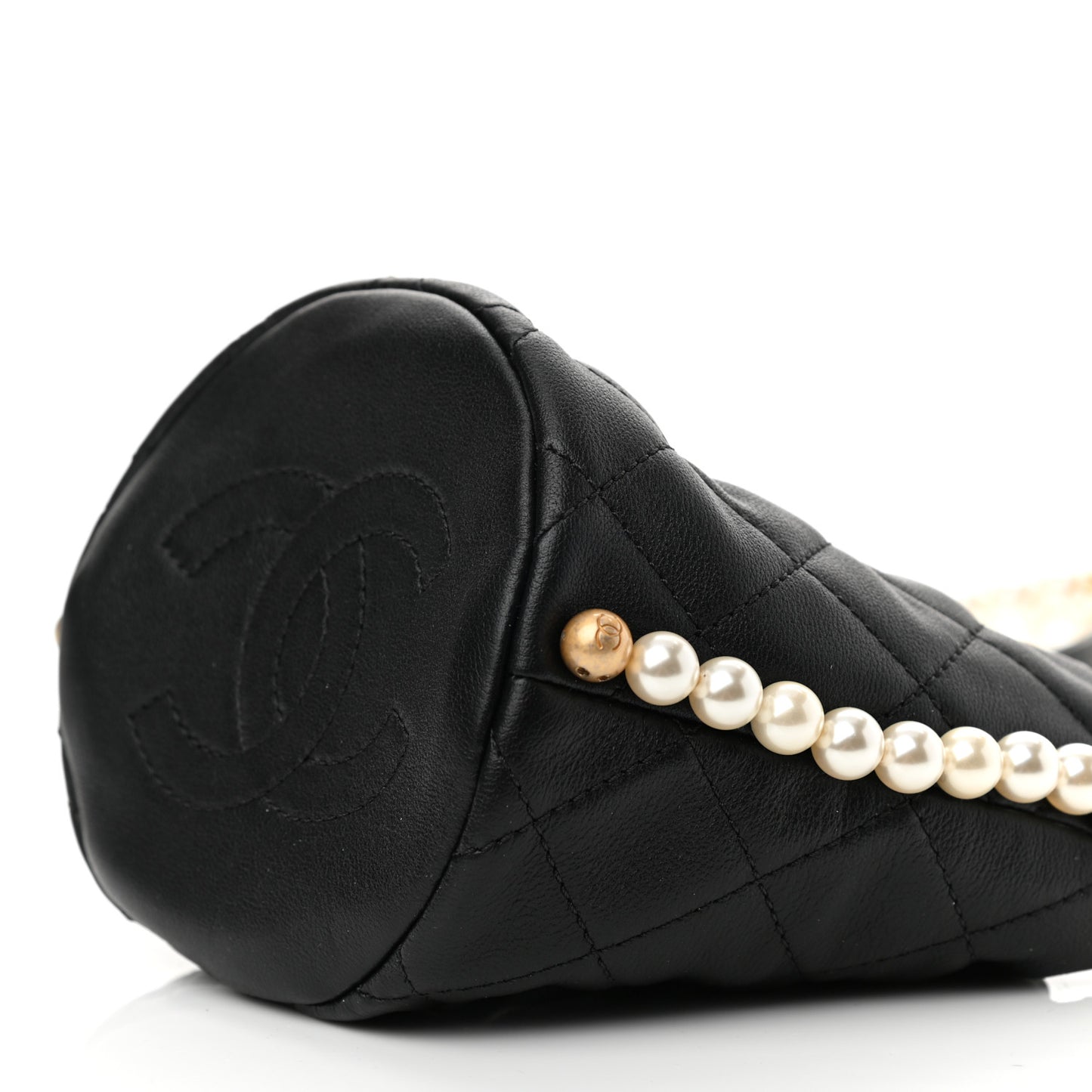 Calfskin Quilted Pearl Mini About Pearls Drawstring Bucket Bag Black