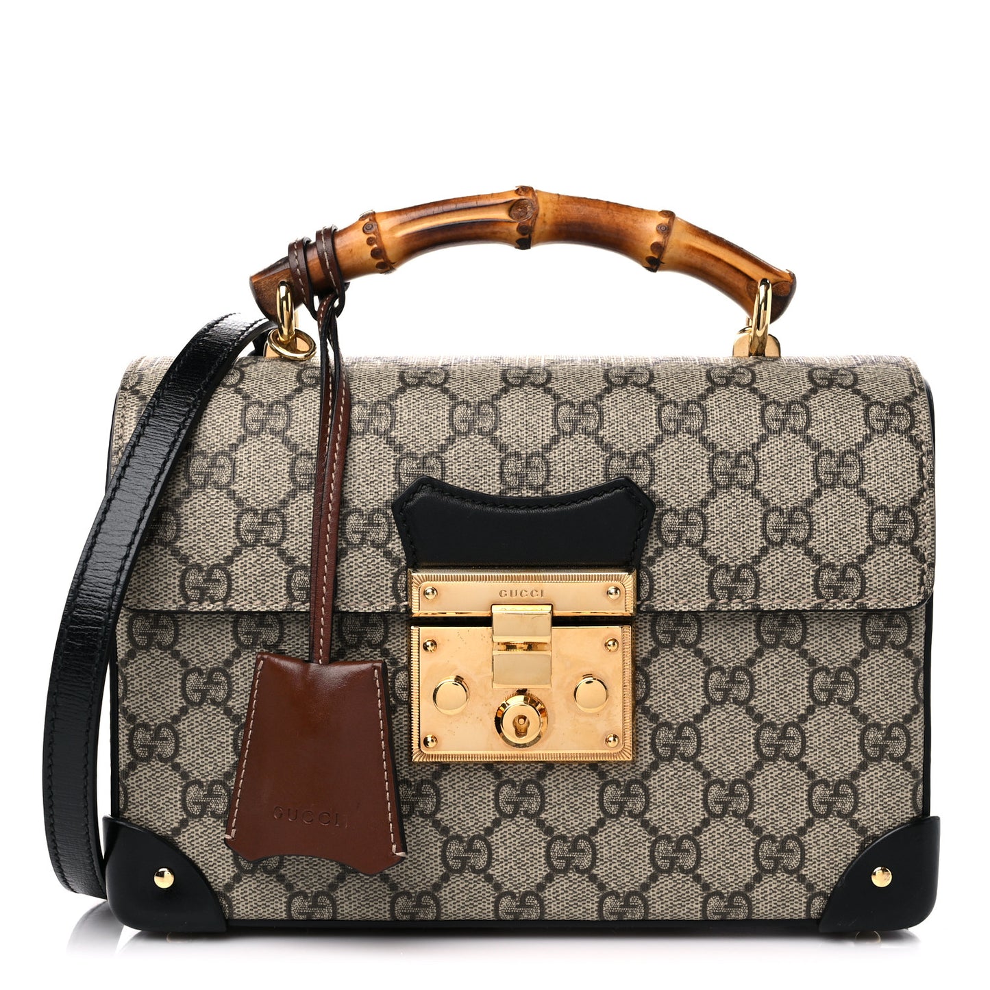 GG Supreme Monogram Small Padlock Bamboo Shoulder Bag Beige Black Cuir