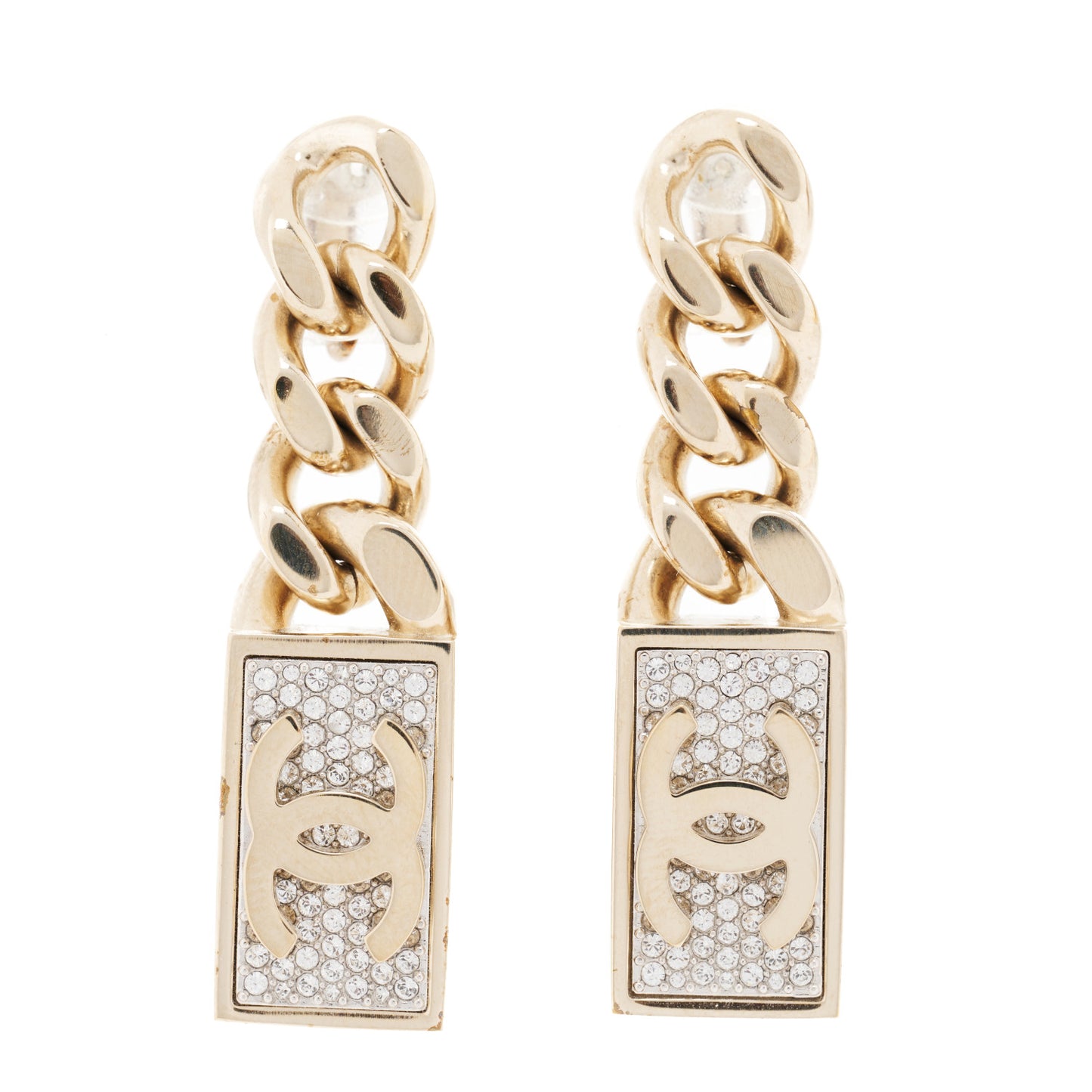 Crystal Dog Tag Charm Clip On Earrings Gold