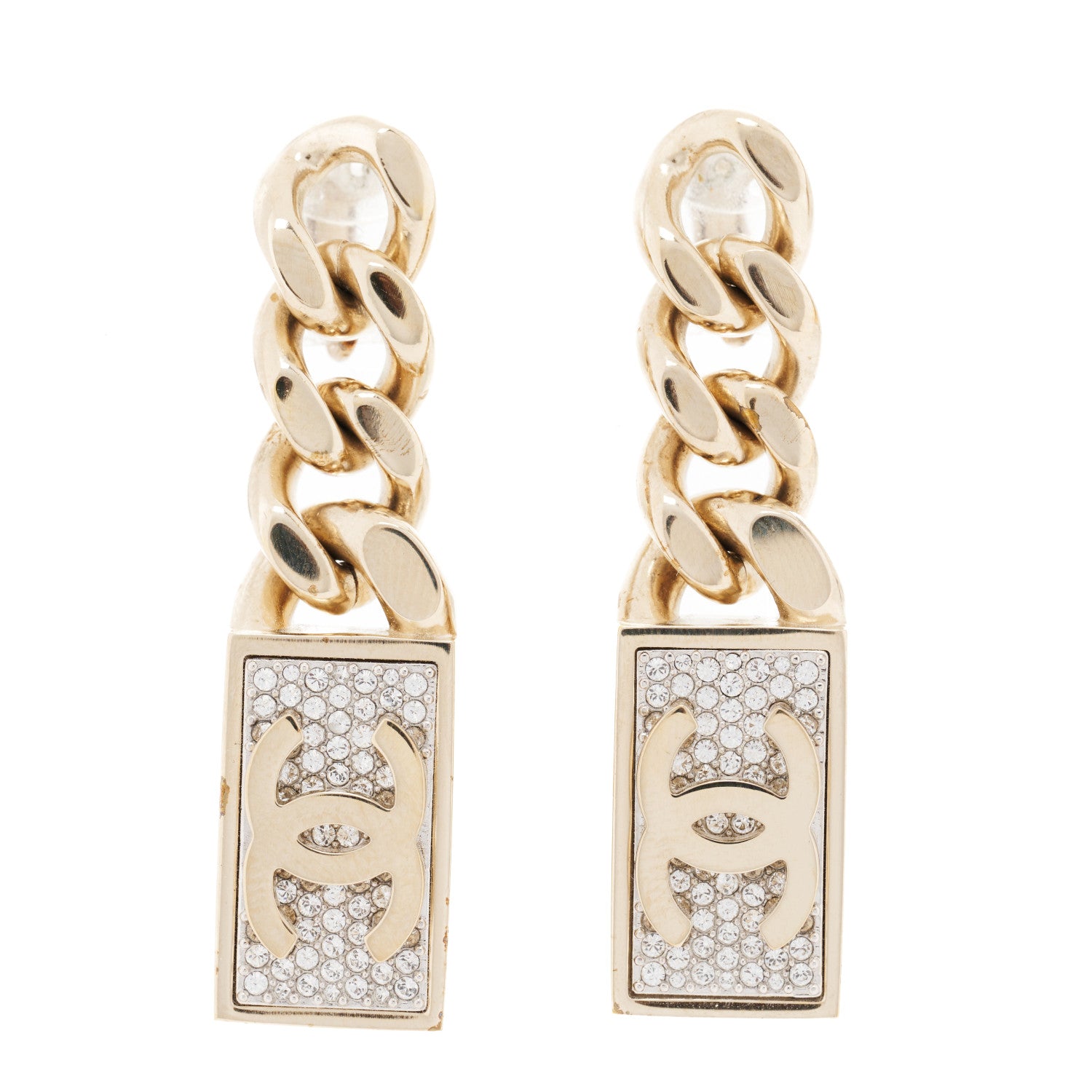 Chanel Crystal Dog Tag Charm Clip On Earrings Gold 1 of 5