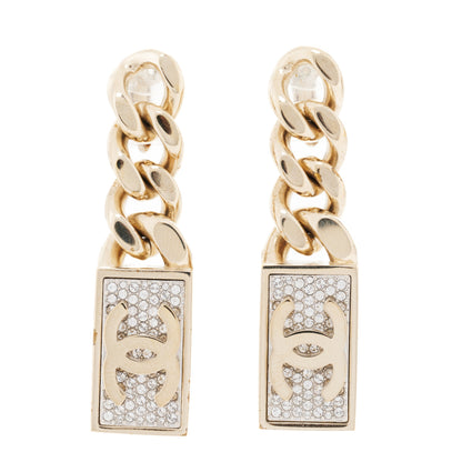 Chanel Crystal Dog Tag Charm Clip On Earrings Gold 1 of 5