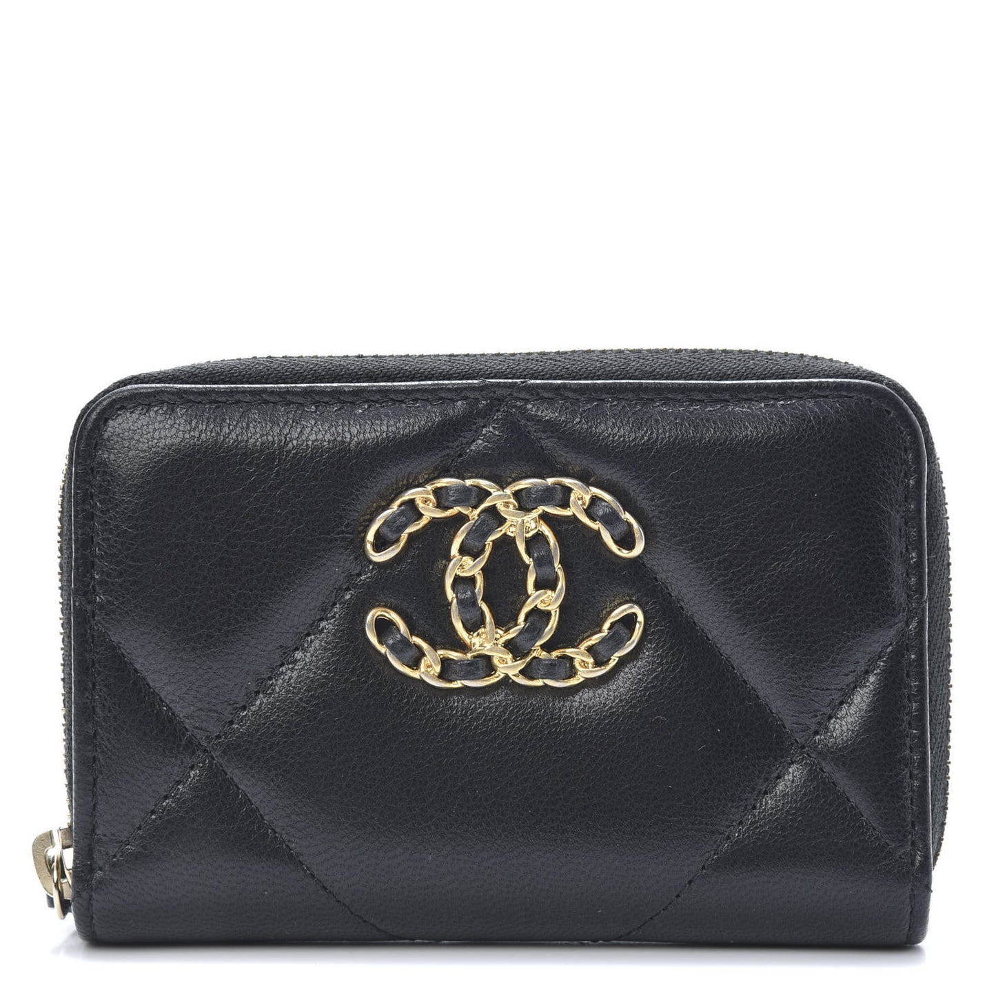 Shiny Goatskin Quilted Chanel 19 Zip Around Coin Purse Wallet Black