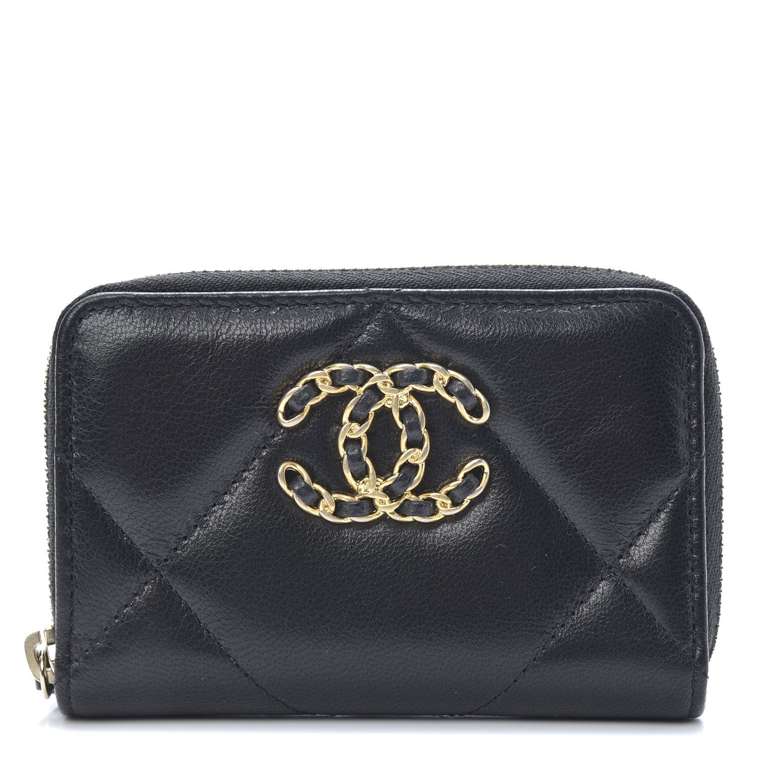 Chanel Shiny Goatskin Quilted Chanel 19 Zip Around Coin Purse Wallet Black 1 of 8